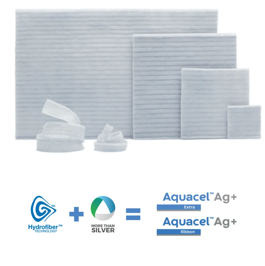 Medicazione a nastro Aquacel™ Ag+ Extra e Aquacel™ Ag+ con tecnologia Hydrofiber™ e Ag+ Technology - un argento ionico unico.