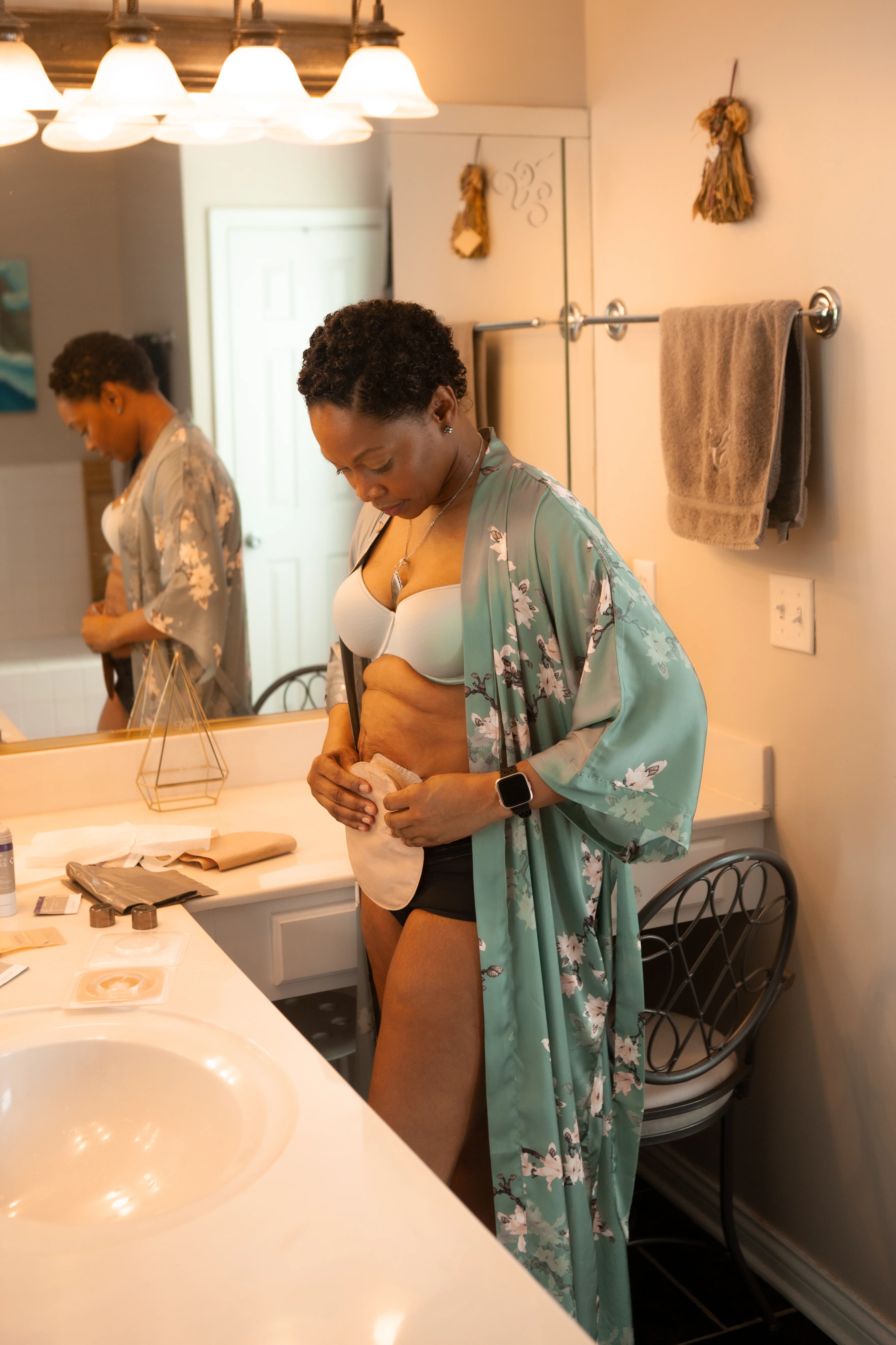 a woman with an ostomy in a bathroom
